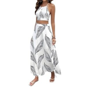 Leaf Print 2 pc Skirt Set Tie Back Crop Cami Top & Split Skirt